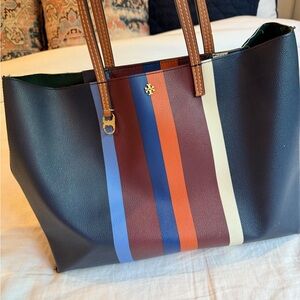 Tory Burch Striped Tote in Blue, Orange, and Cream